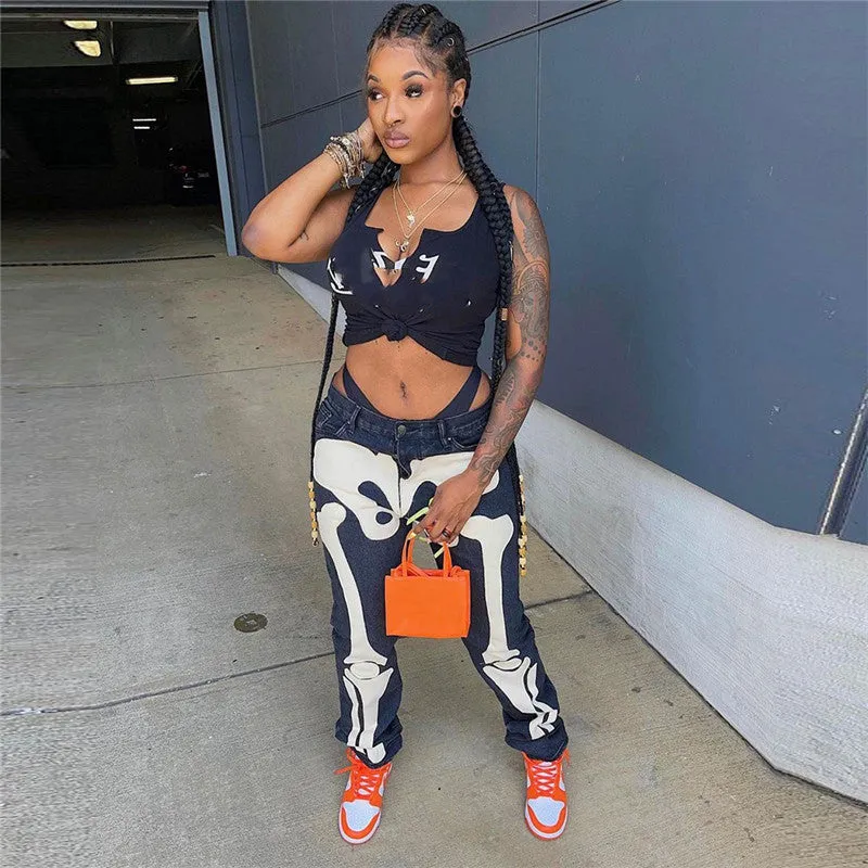 Skeleton Print Low Waist Jeans