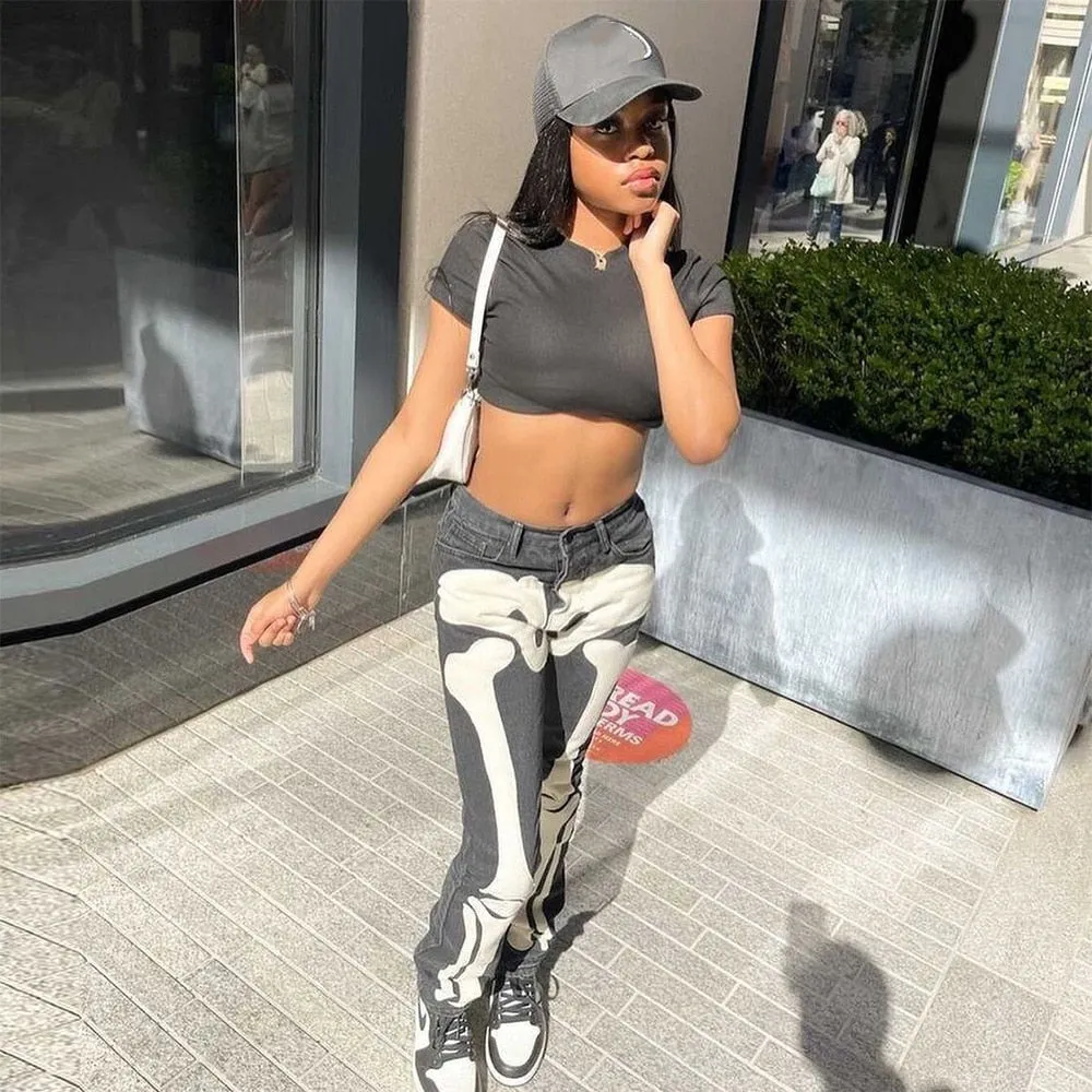 Skeleton Print Low Waist Jeans