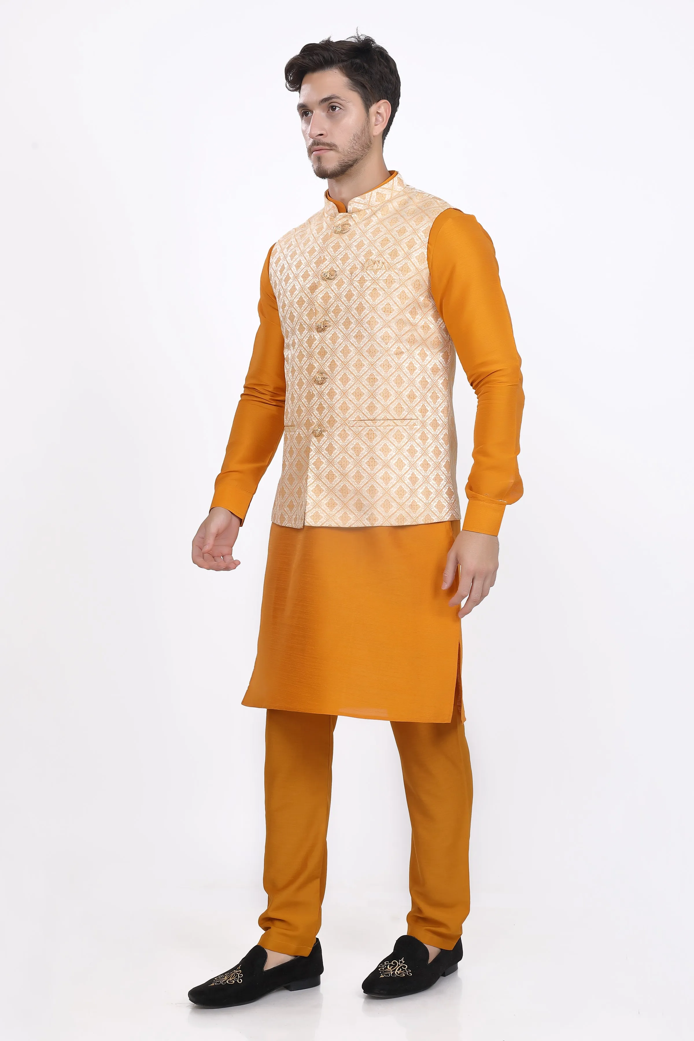 Sunshine yellow mens kurta pyjama and waistcoat set