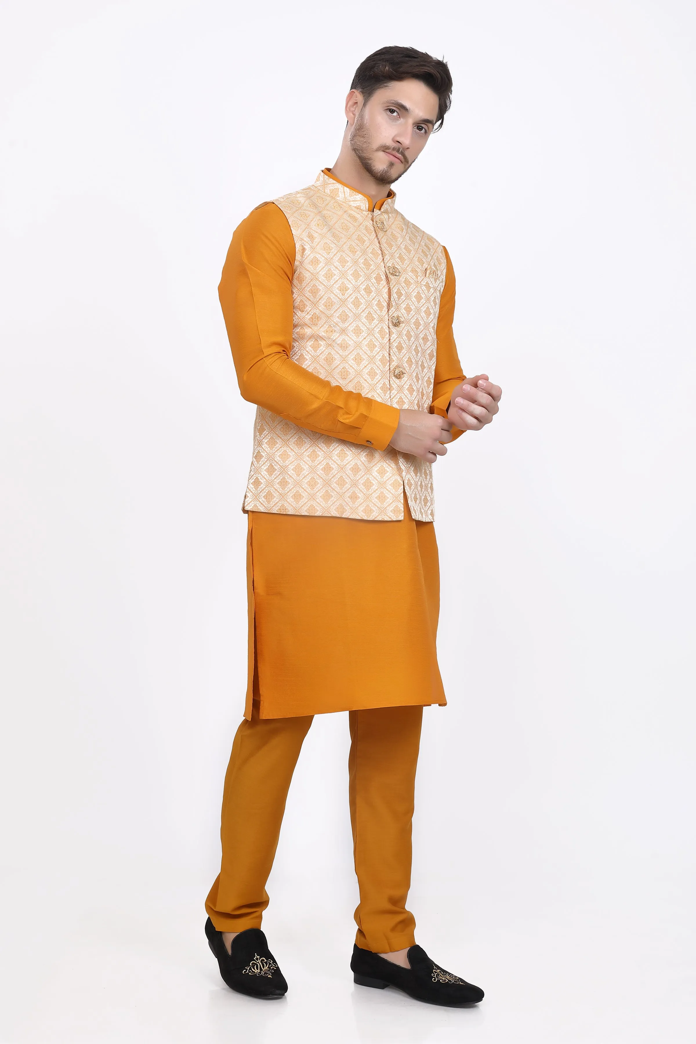 Sunshine yellow mens kurta pyjama and waistcoat set