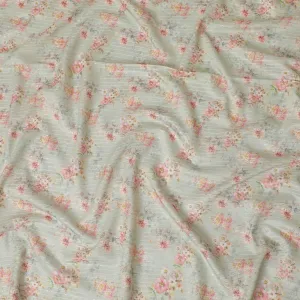 Tea green synthetic silk fabric with same tone embroidery having multicolor print in stripe design-D16426