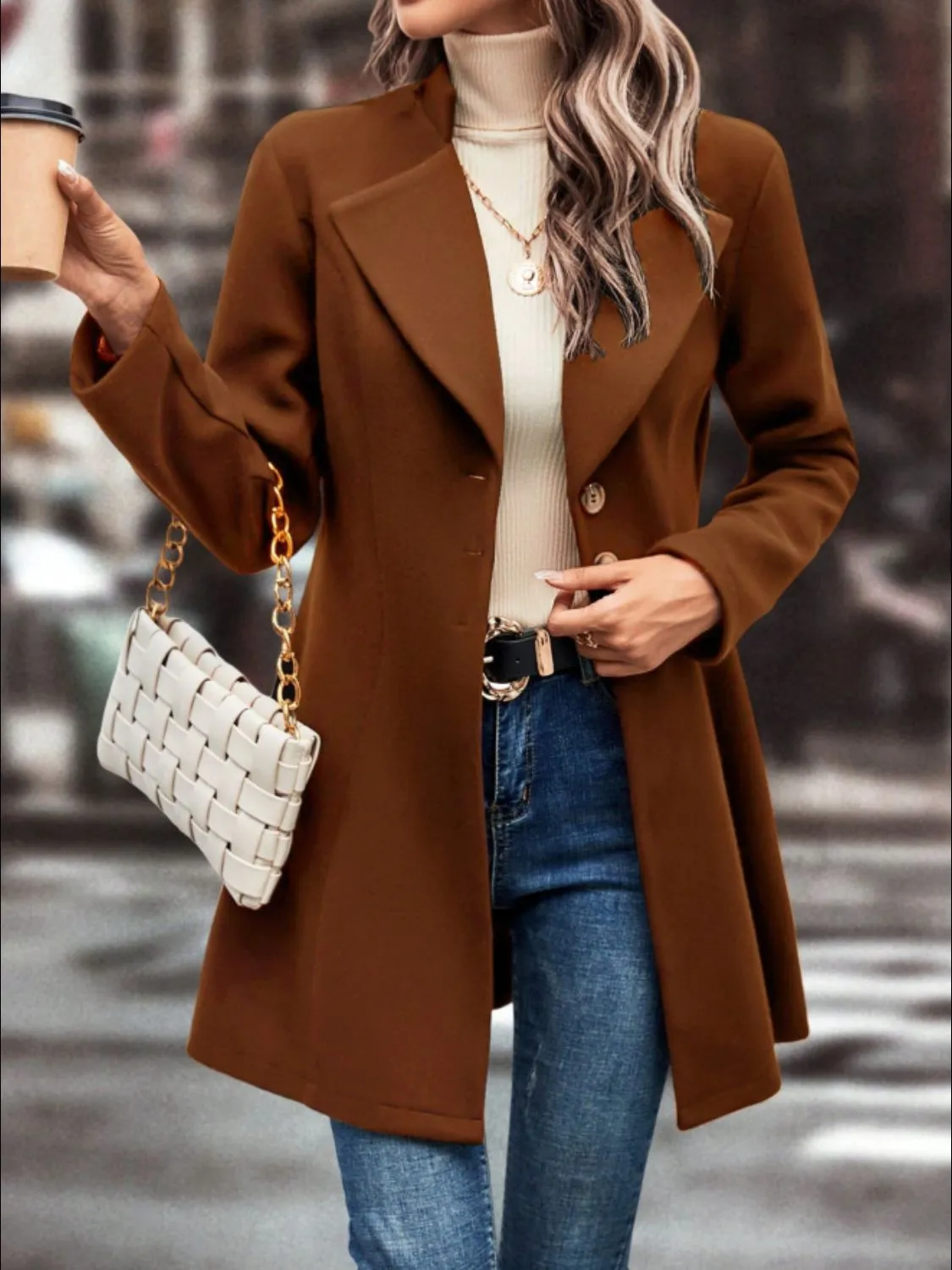 TEEK - Collared Neck Button Up Long Sleeve Coat