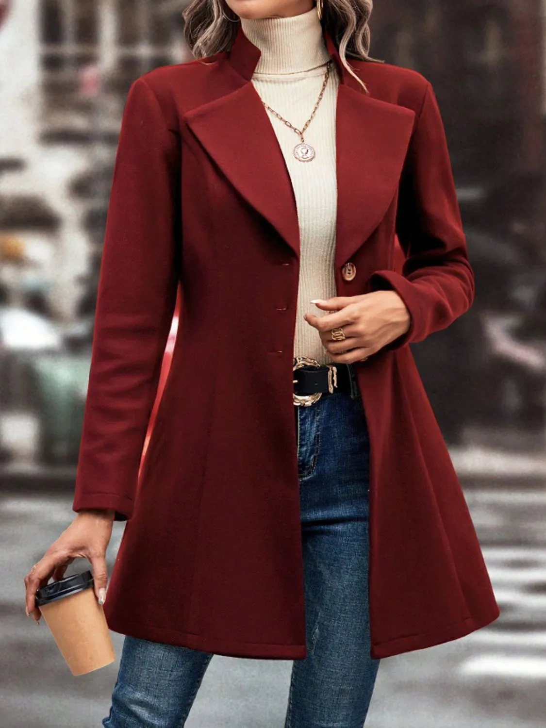 TEEK - Collared Neck Button Up Long Sleeve Coat