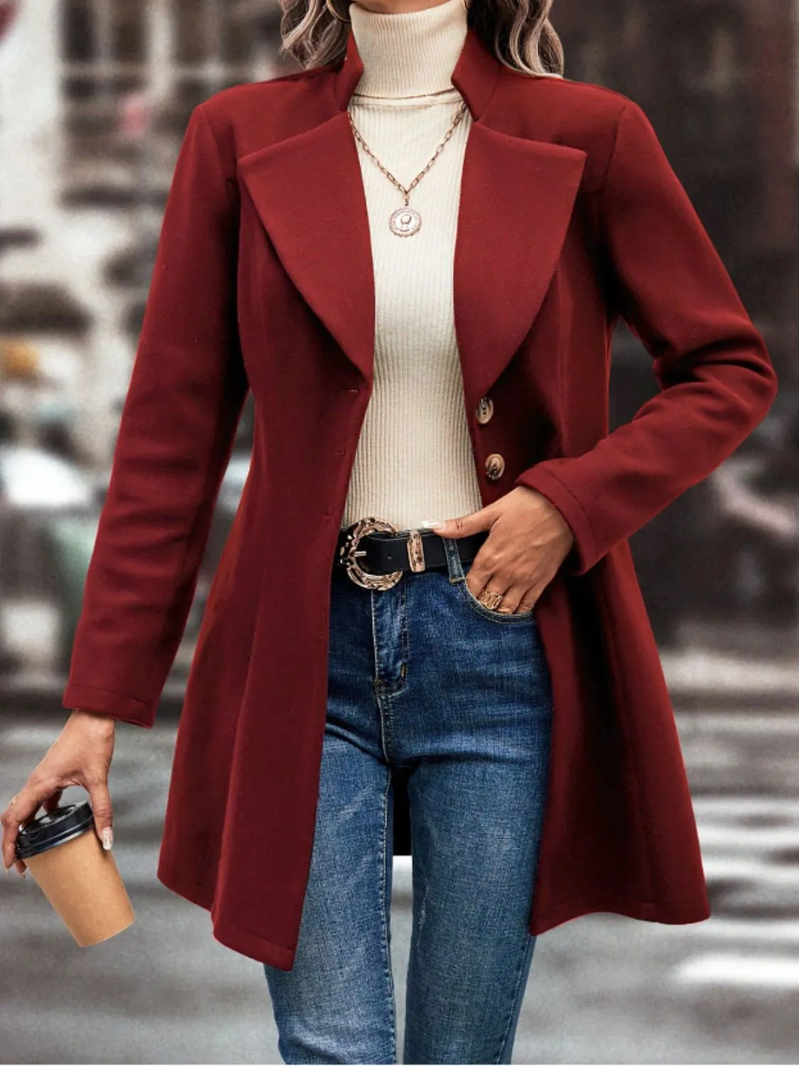 TEEK - Collared Neck Button Up Long Sleeve Coat