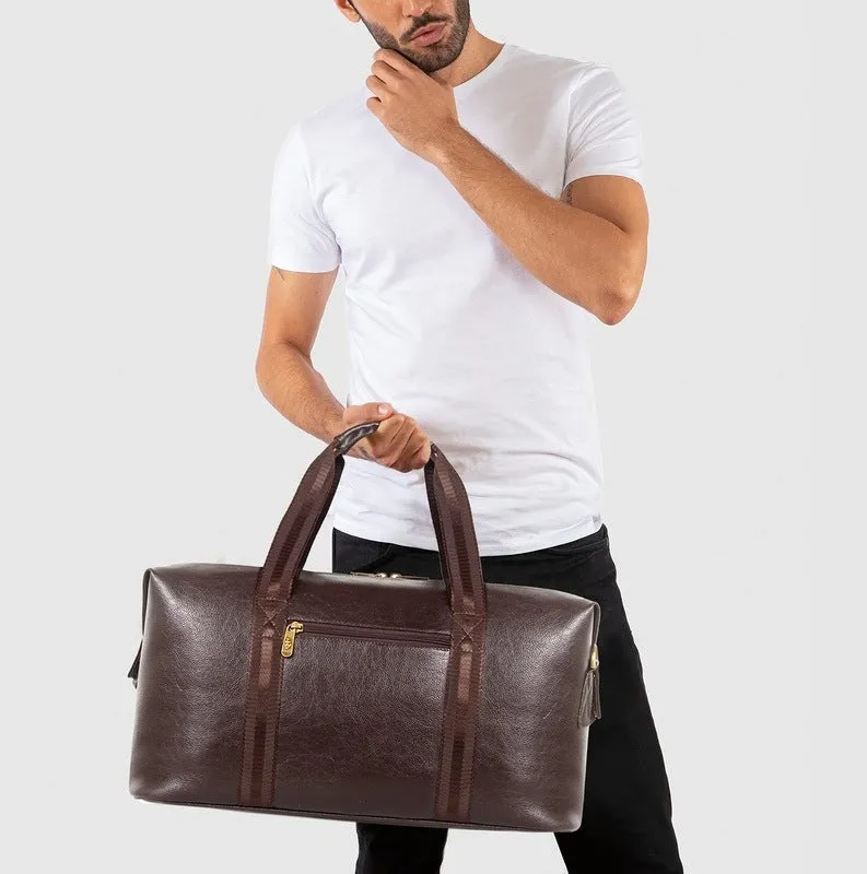 The Clownfish Brayne 38 litres Unisex Faux Leather Travel Duffle Bag Weekender bag (Dark Brown)