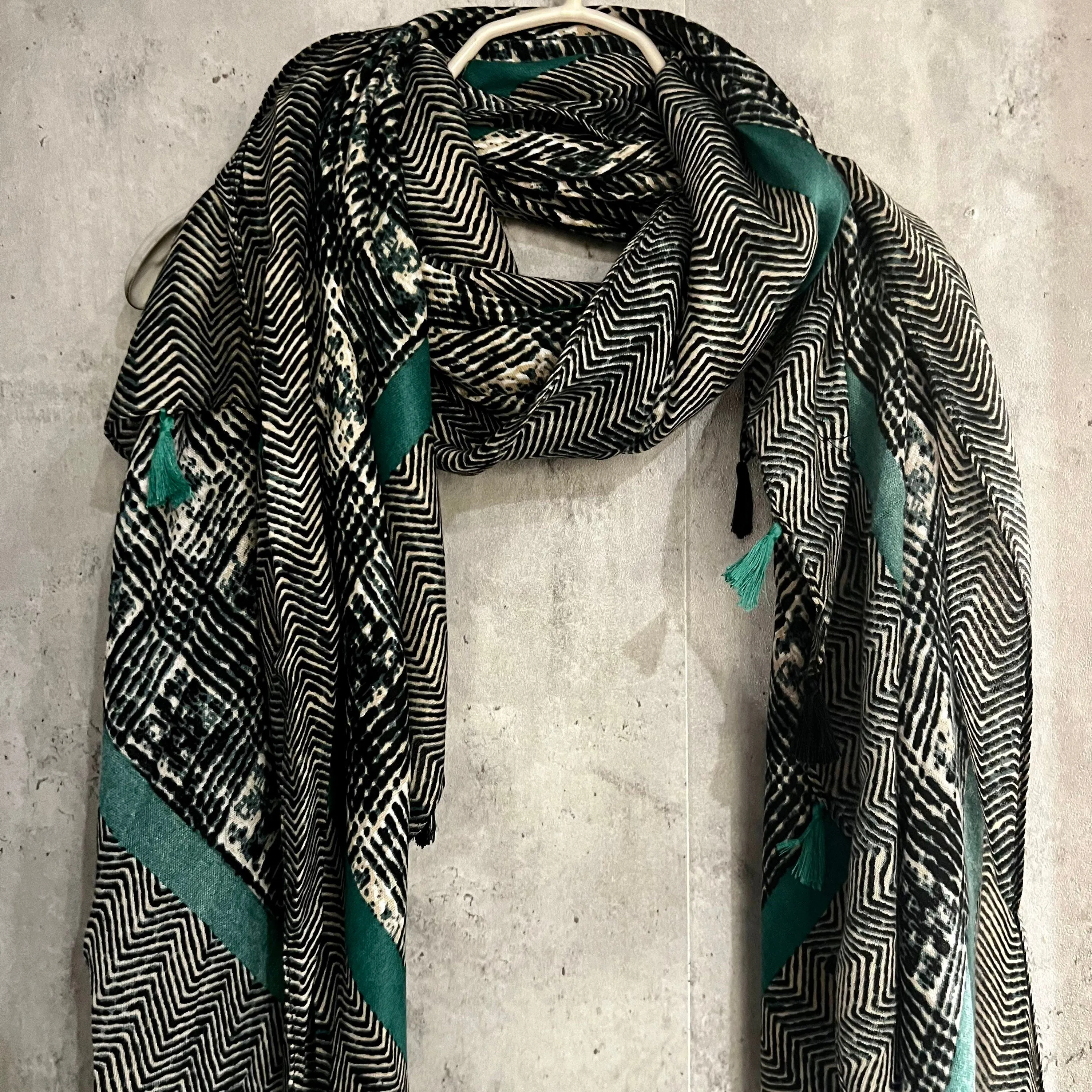 Tweed Pattern With Green Trim Tassels Cotton Scarf/Summer Autumn Winter Scarf/Gifts For Her Birthday Christmas/Gift For Mum/UK Seller