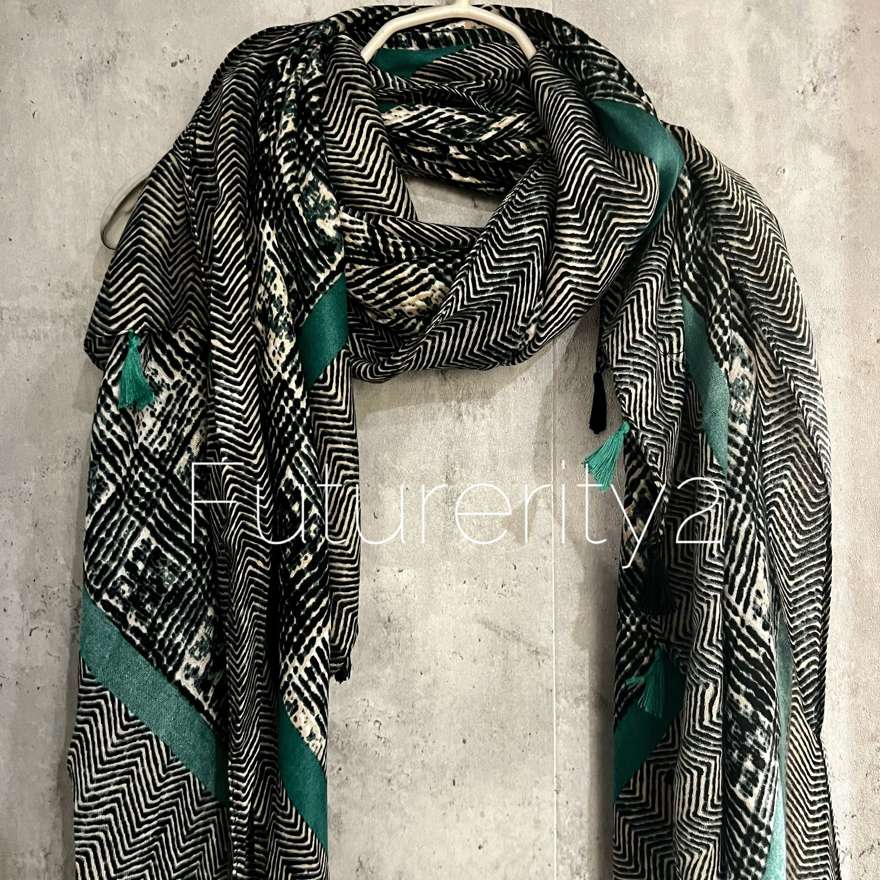 Tweed Pattern With Green Trim Tassels Cotton Scarf/Summer Autumn Winter Scarf/Gifts For Her Birthday Christmas/Gift For Mum/UK Seller