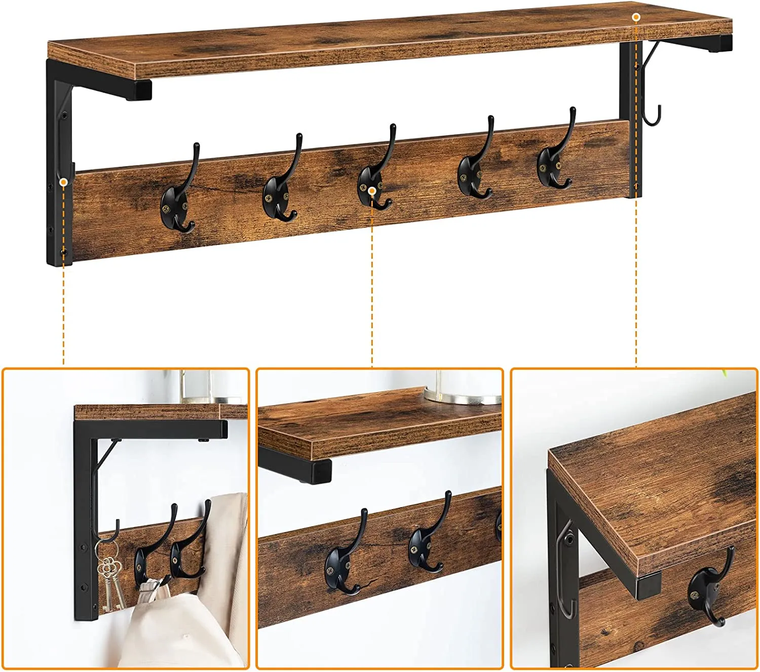 Wall Hooks with Shelf, Wall-Mounted Coat Rack, Wall Shelf, Hanging Shelf, Coat Hooks