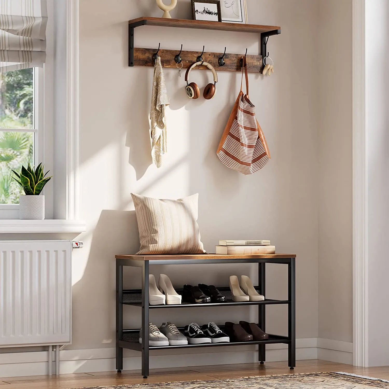 Wall Hooks with Shelf, Wall-Mounted Coat Rack, Wall Shelf, Hanging Shelf, Coat Hooks