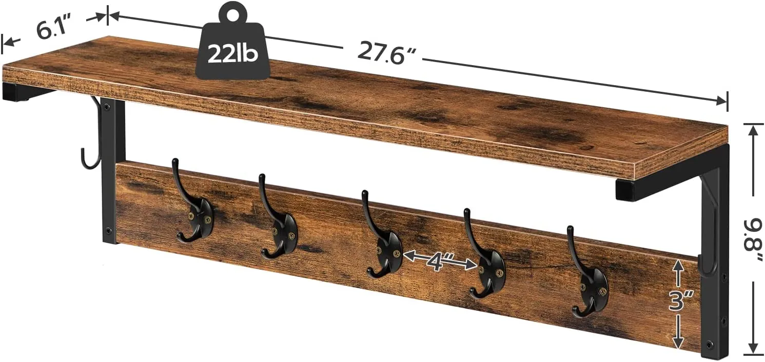 Wall Hooks with Shelf, Wall-Mounted Coat Rack, Wall Shelf, Hanging Shelf, Coat Hooks