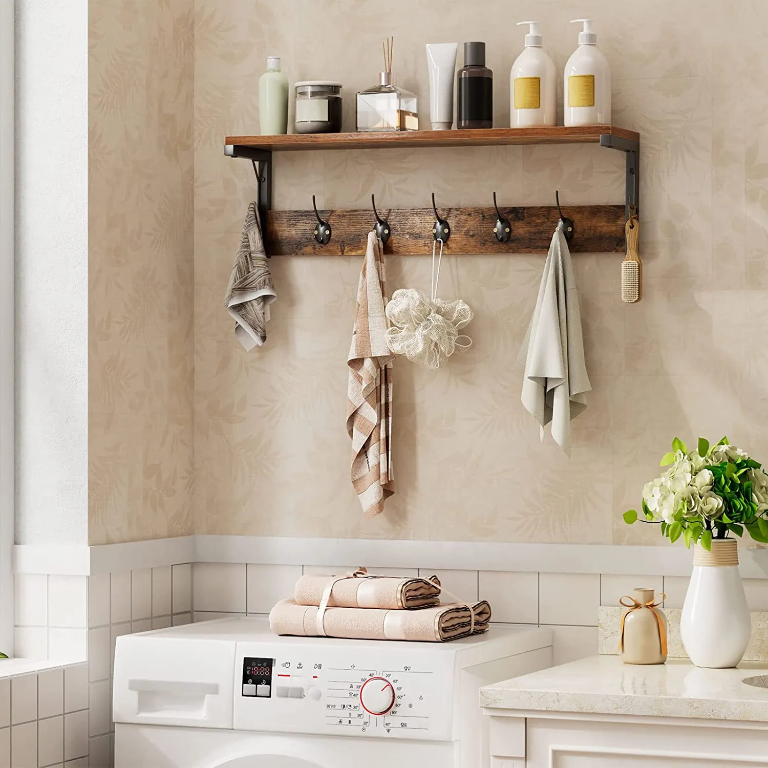 Wall Hooks with Shelf, Wall-Mounted Coat Rack, Wall Shelf, Hanging Shelf, Coat Hooks