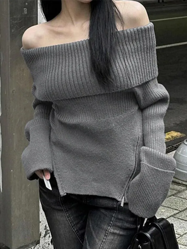 Wenkouban-Spring Casual Outfits Y2K Outfits Solid Off Shoulder Zip Up Hem Sweater
