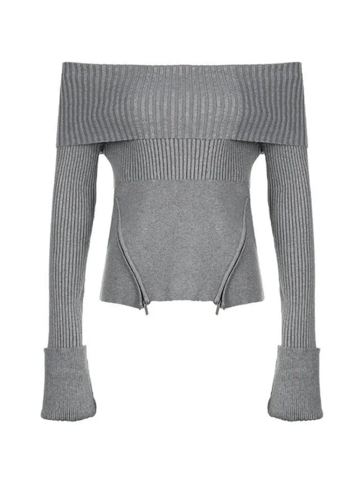 Wenkouban-Spring Casual Outfits Y2K Outfits Solid Off Shoulder Zip Up Hem Sweater