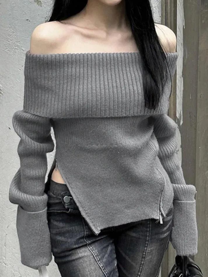 Wenkouban-Spring Casual Outfits Y2K Outfits Solid Off Shoulder Zip Up Hem Sweater