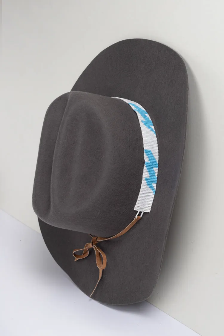 White Beaded Hat Band with Blue Lightning Bolts