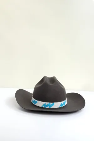 White Beaded Hat Band with Blue Lightning Bolts