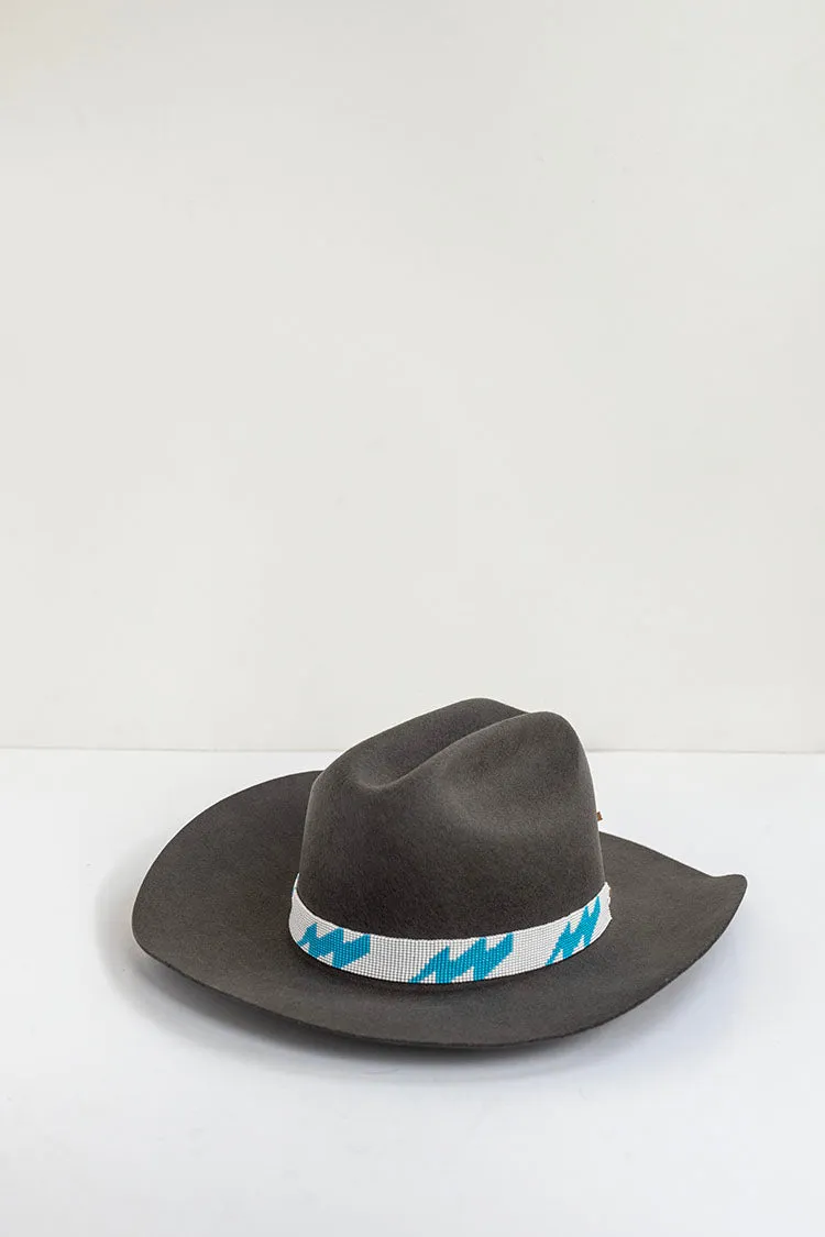 White Beaded Hat Band with Blue Lightning Bolts