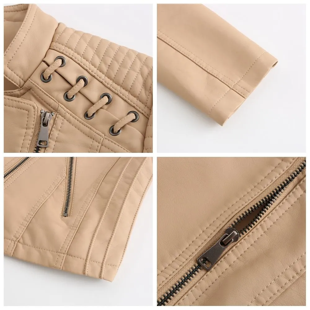 Women biker long sleeve slim fit cropped jacket