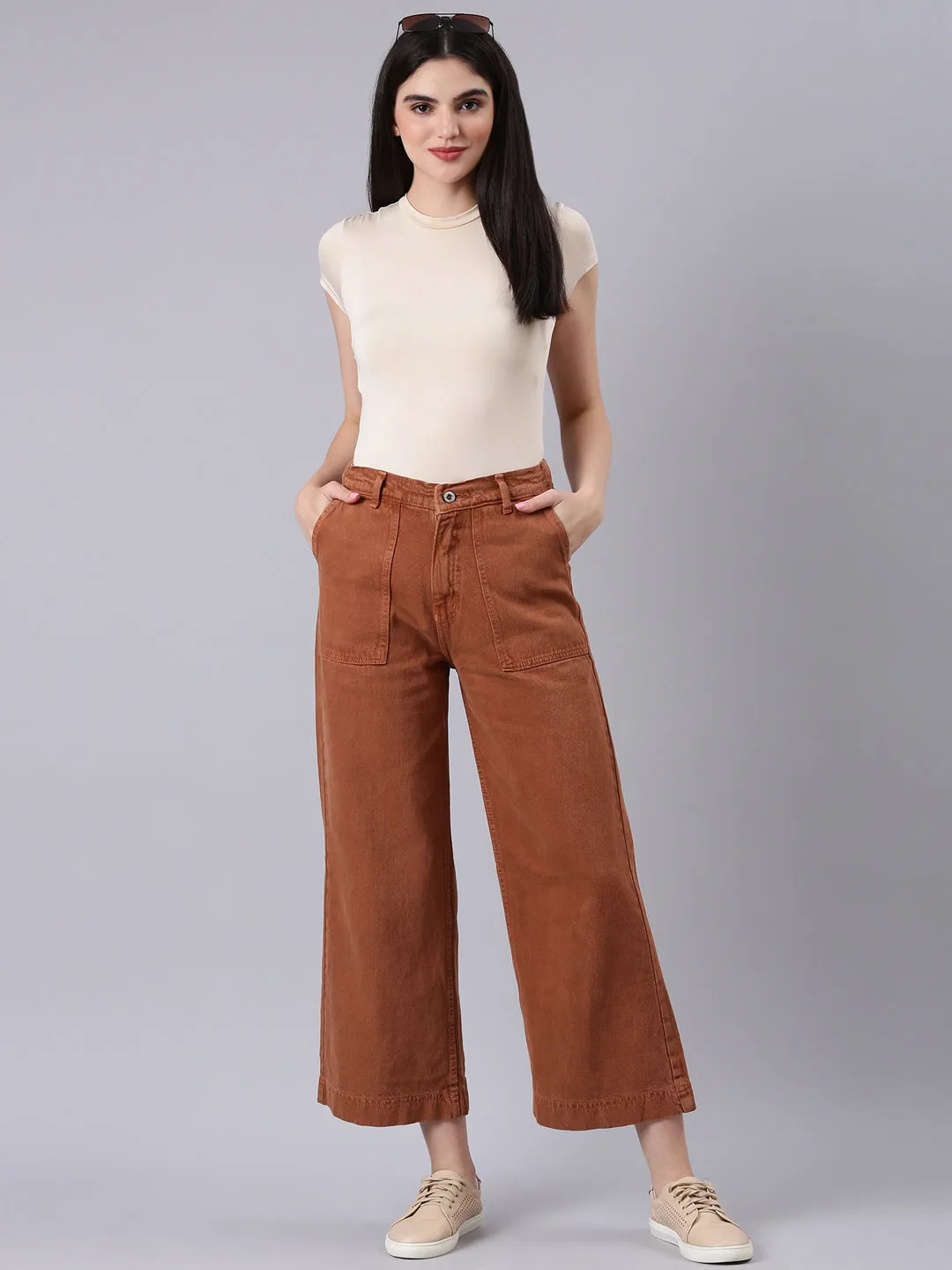 Women Rust Solid Wide Leg Denim Jeans