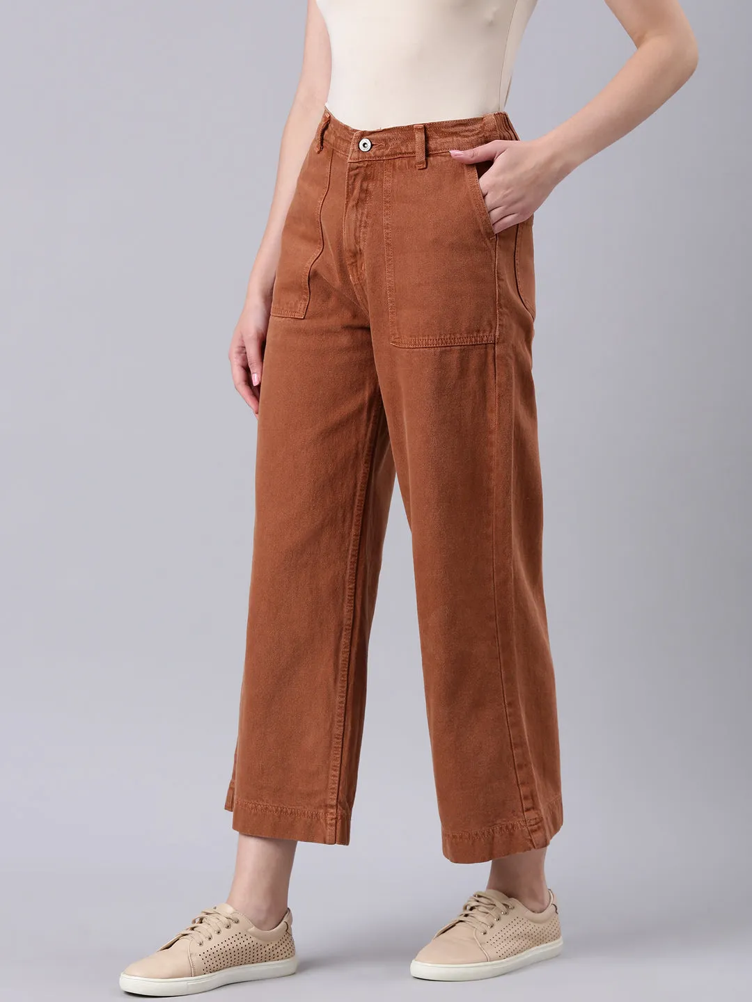 Women Rust Solid Wide Leg Denim Jeans