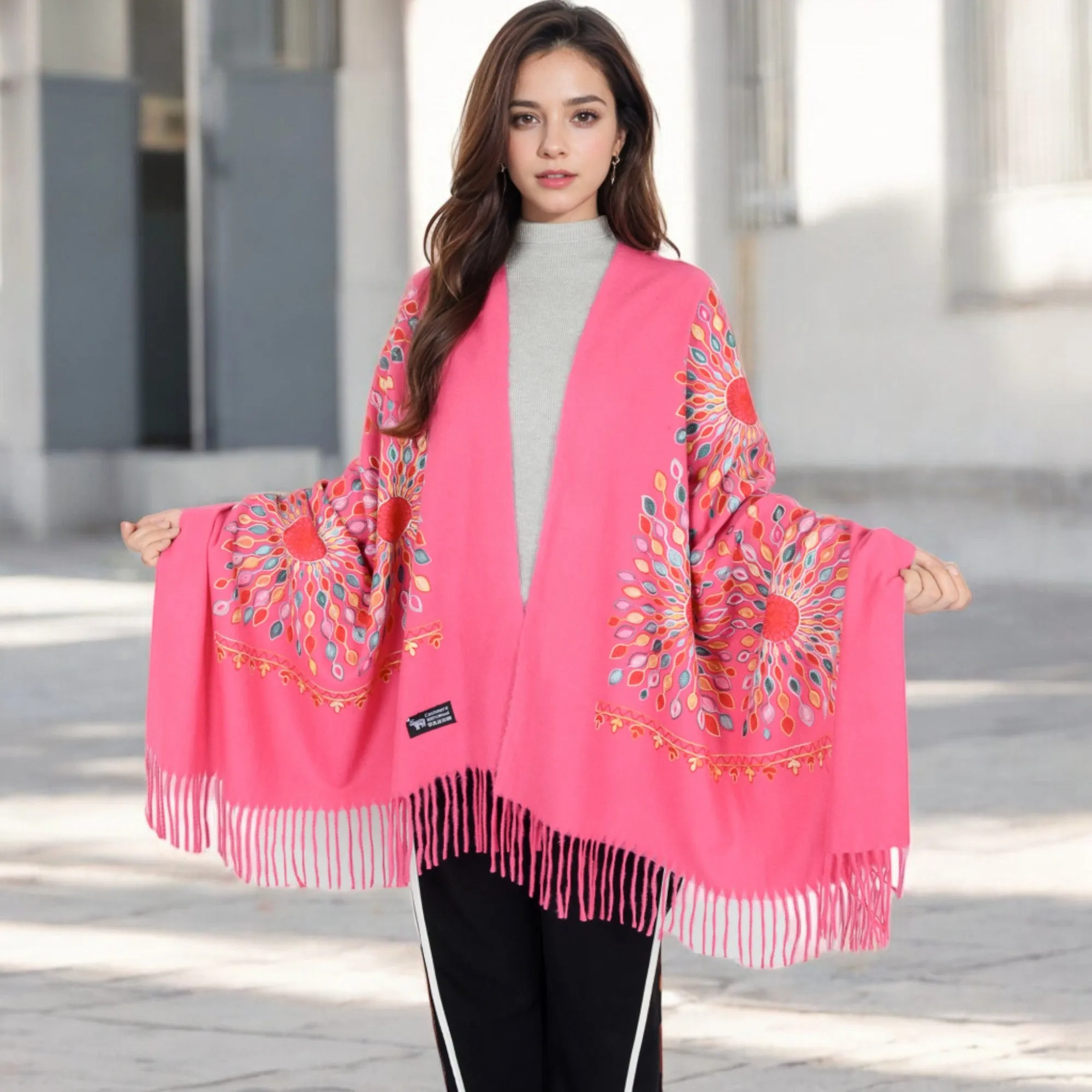 Women's Floral Mandala Embroidered Scarf with Fringed Edges and Lightweight Fabric
