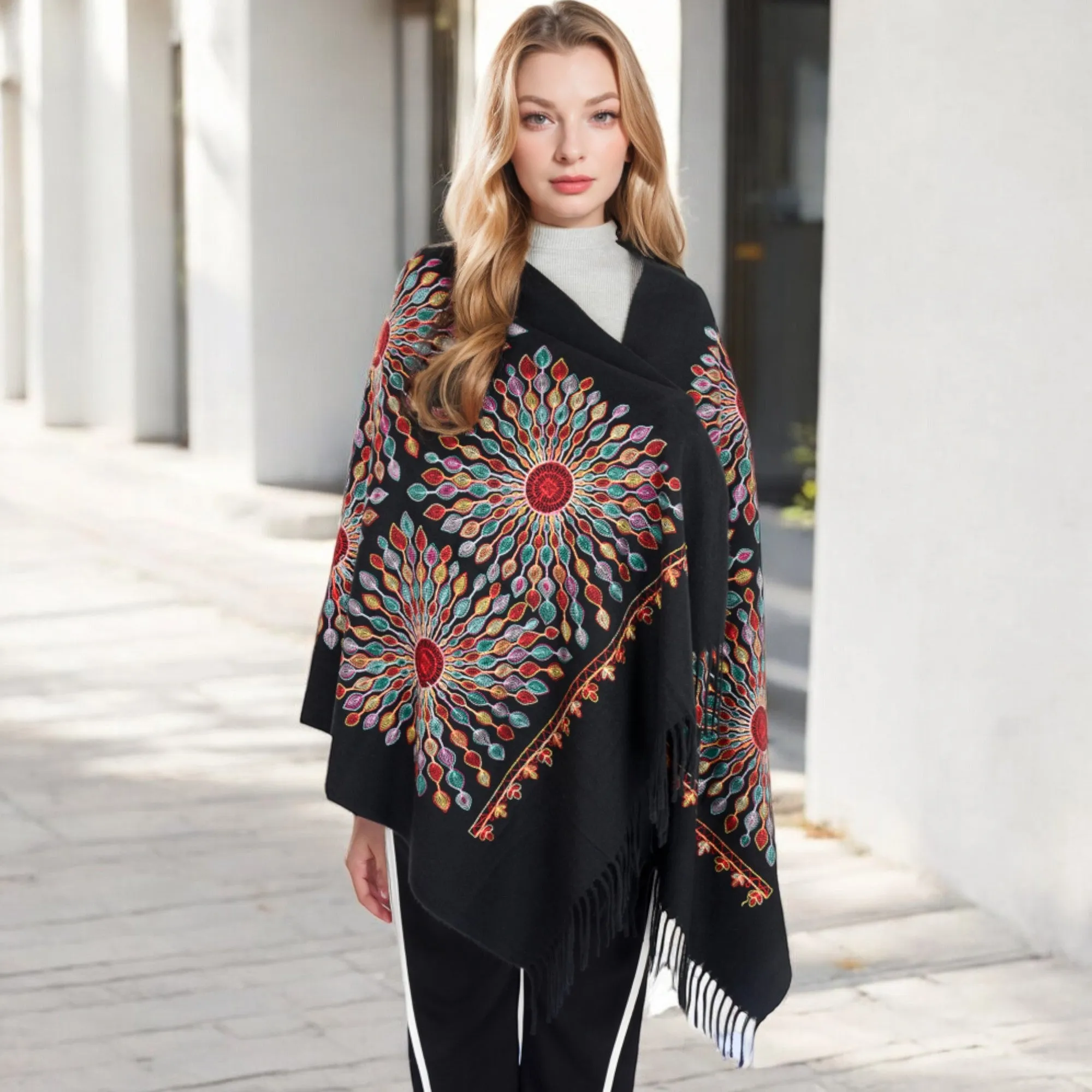 Women's Floral Mandala Embroidered Scarf with Fringed Edges and Lightweight Fabric