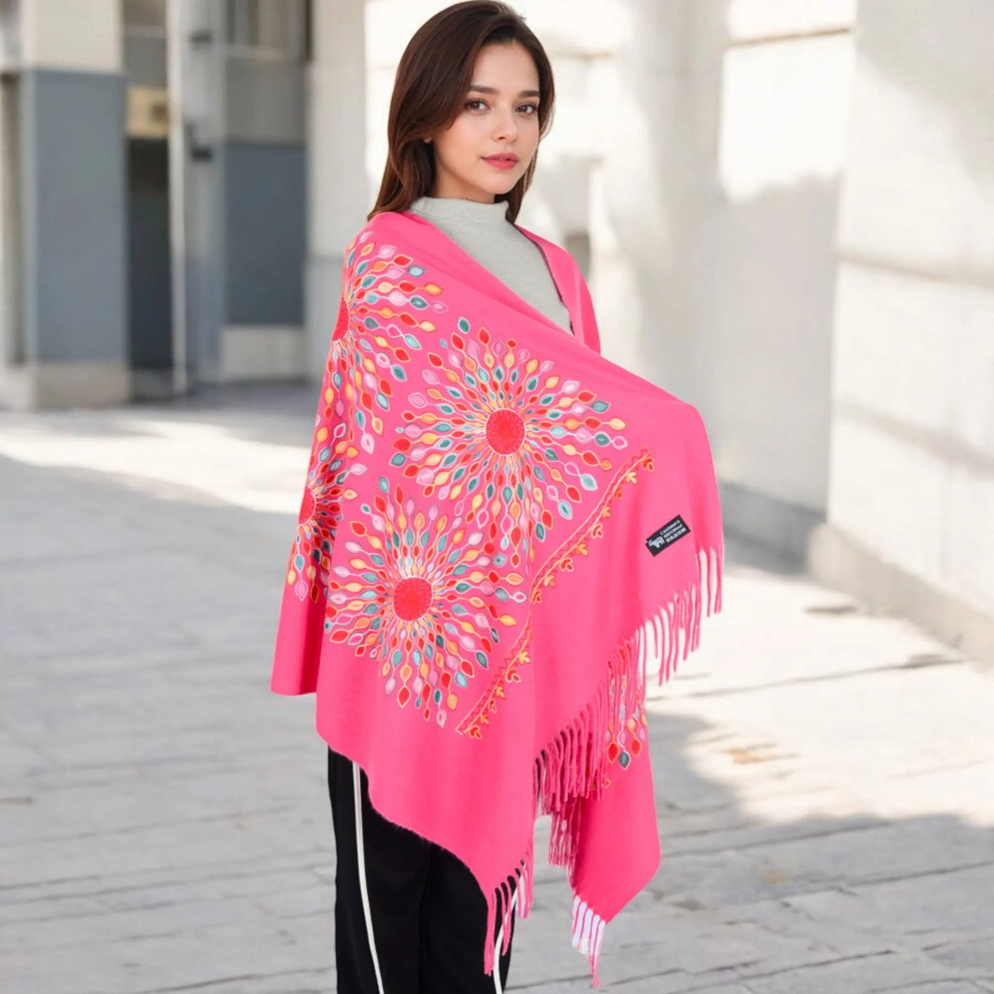 Women's Floral Mandala Embroidered Scarf with Fringed Edges and Lightweight Fabric