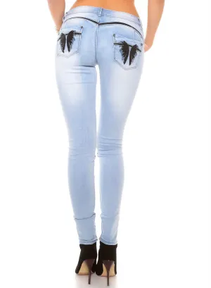 Women's sexy Blue skinny jeans with embroidered angel wings design