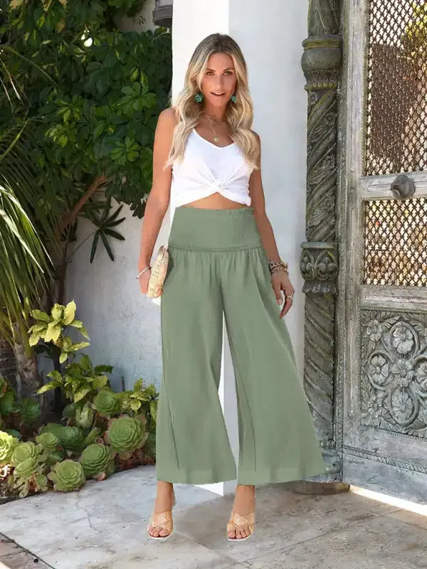 Women’s Solid Color High Waist Pleated Casual Cotton Linen Trousers